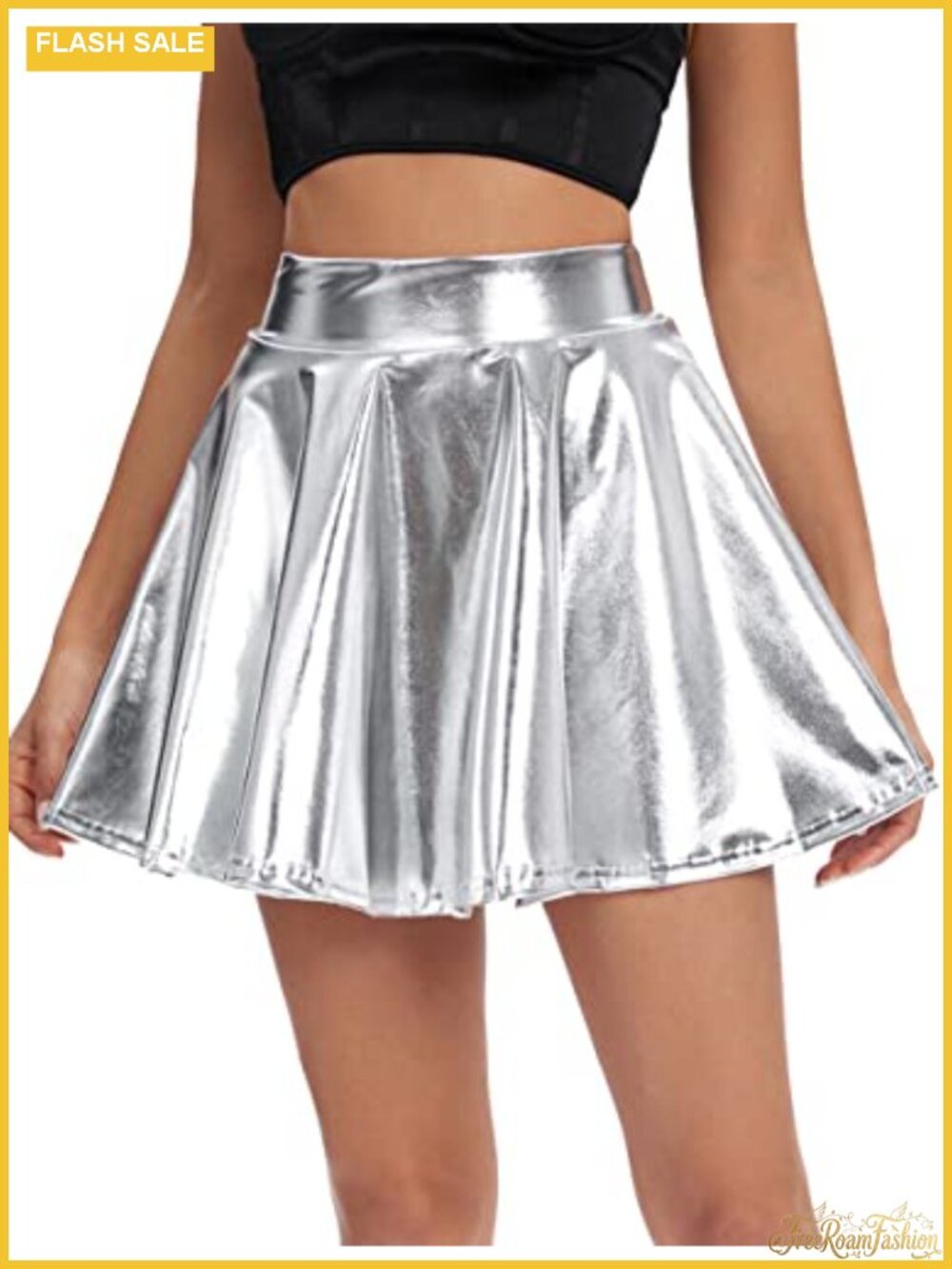 Women's High Waist Flared Pleated Mini Skater Skirt Shiny Wet Look Dance